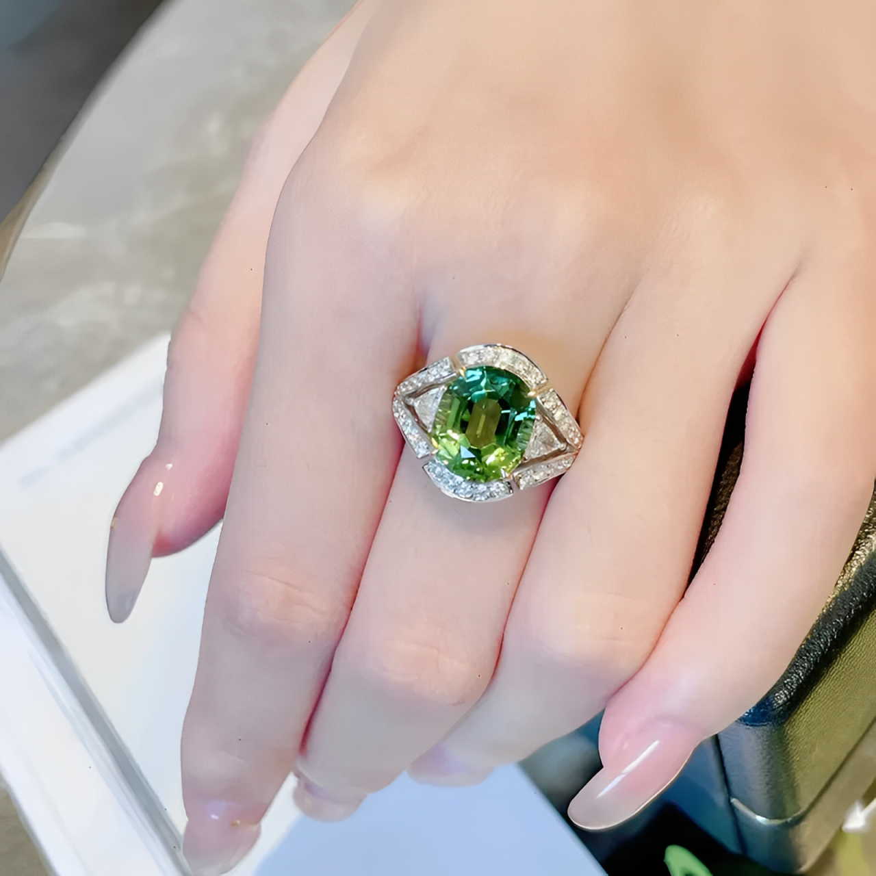 Adjustable Sterling Silver Oval Emerald CZ Ring - Bohemian Style