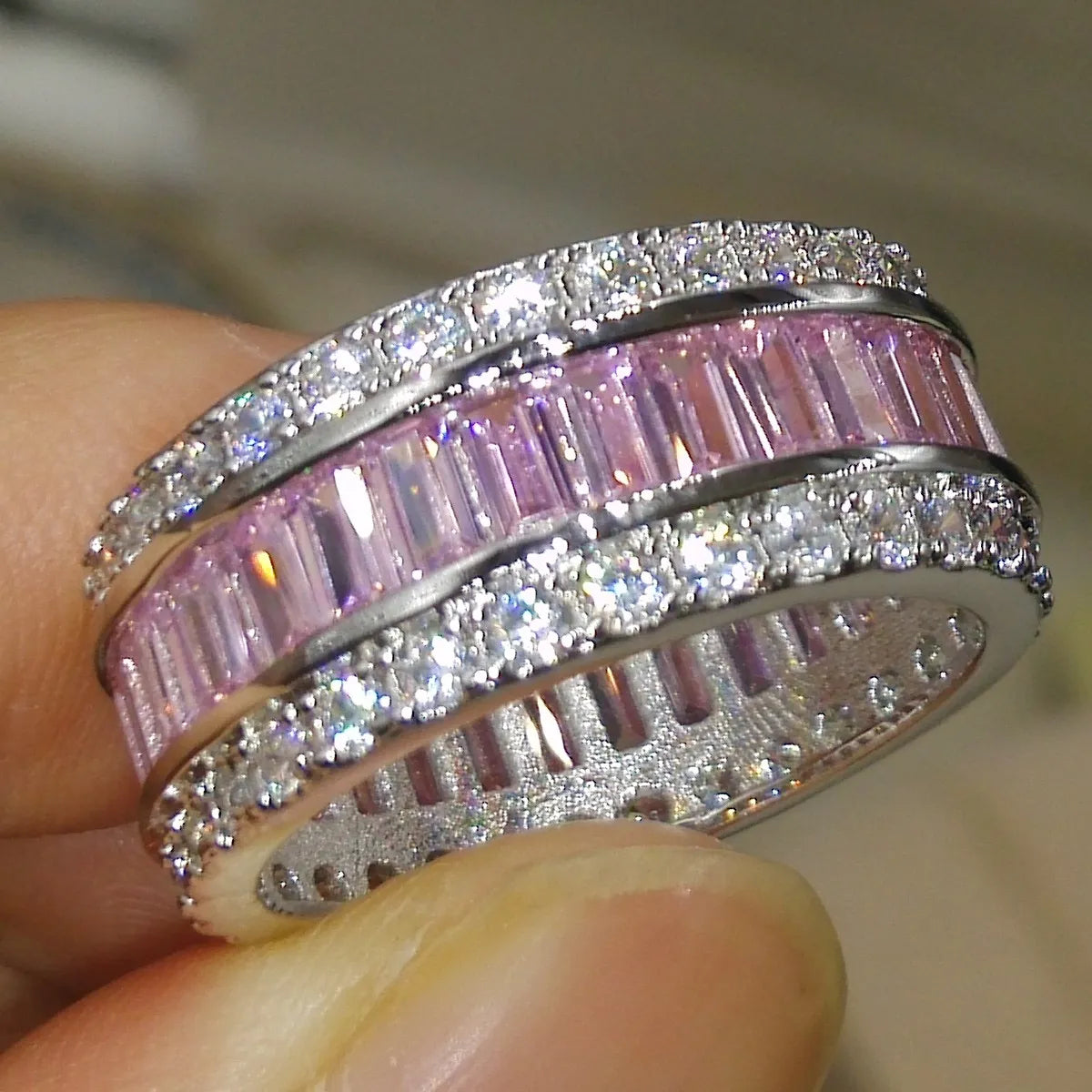 "Luxury Pink Sapphire Princess Cut Band in 925 Silver"