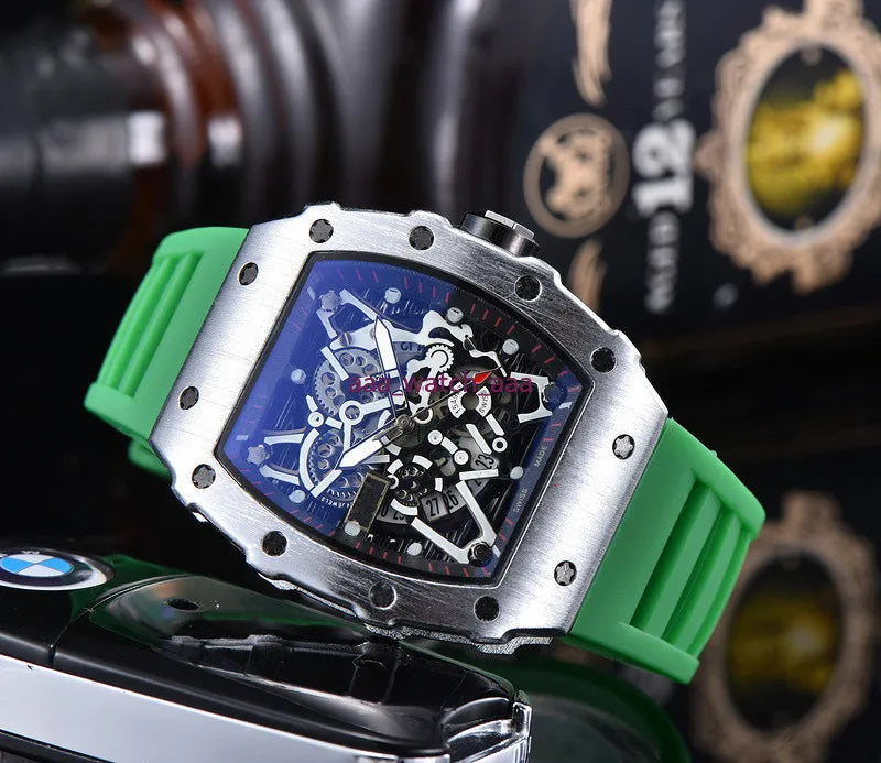 Luxury Quartz Chronograph Swiss Men's Wristwatch with Iced Out Hip Hop Rubber Strap